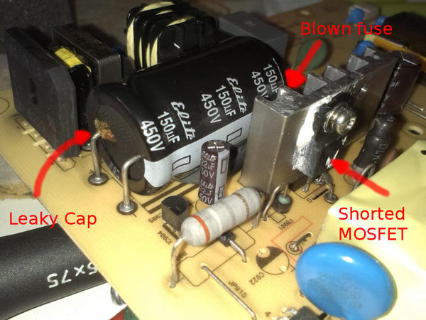 Faulty 715G1502 power board, primary side Carte 715G1502 défectueuse, partie primaire