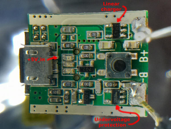 bottom side of the PCB, linear charger and BMS Chargeur, bottom