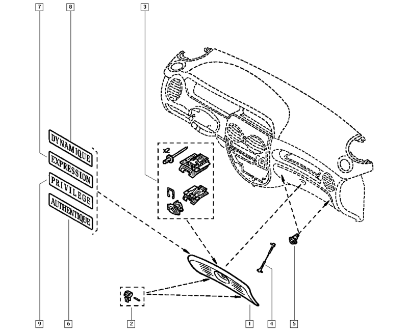 Détail des pièces de boite-à-gants
