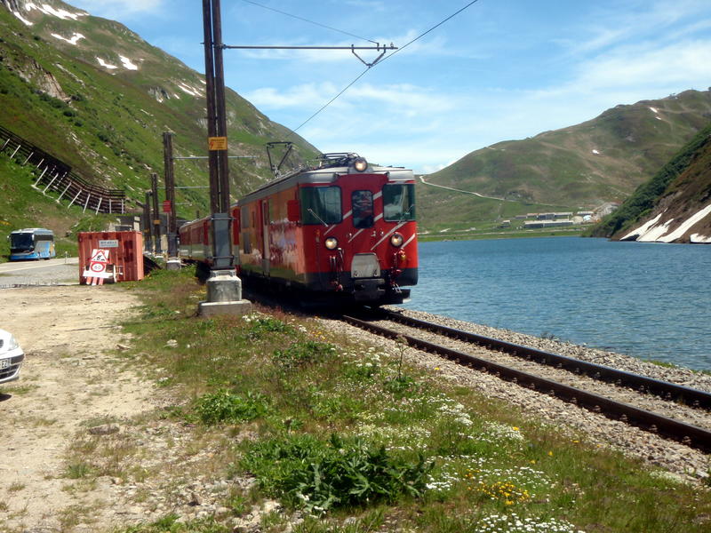 MGB train along the Oberalpsee, shortly before engaging on the rack down to Andermatt