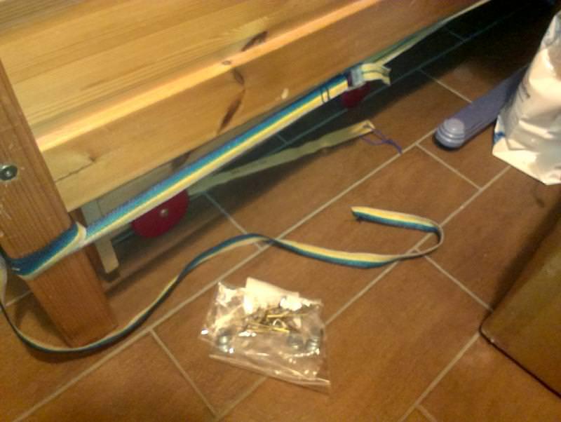 Don’t jump on your bed otherwise you’ll end up having to go to the hardware store. First step: strapping the bed so it doesn’t collapse