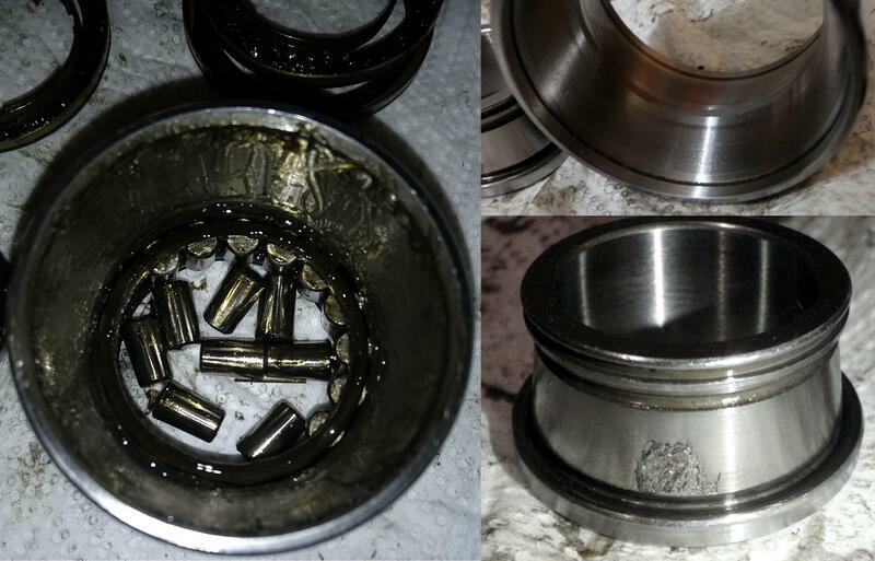 2020-10 bearings: glittery grease, scratched external race, crater on the inner race Off-brand bearings, lasted <20’000km