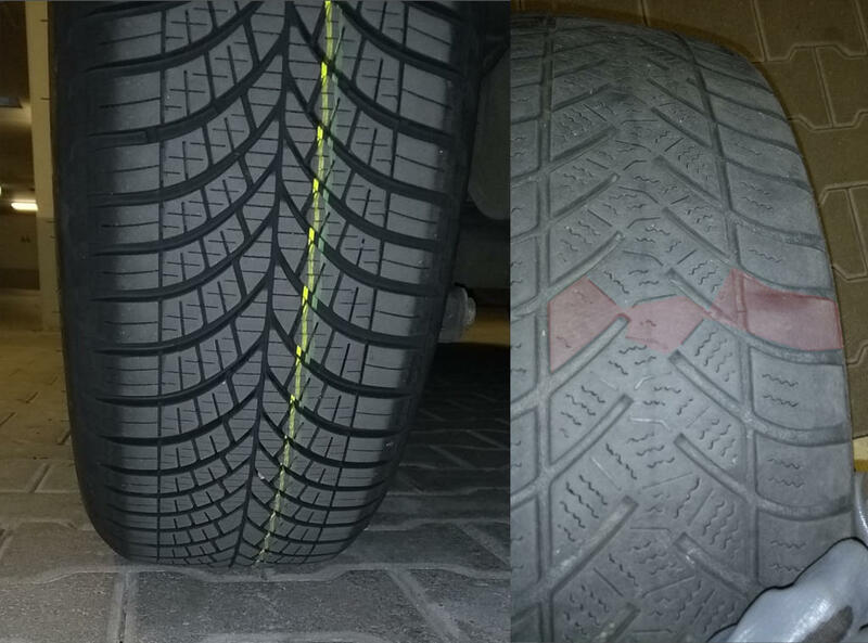 2020-10 tires, old vs new Maxxis AP/WP, not recommended, poor performance, wears insanely fast, the red area shows a flat spot Goodyear Vector 3 “wintery” all-season