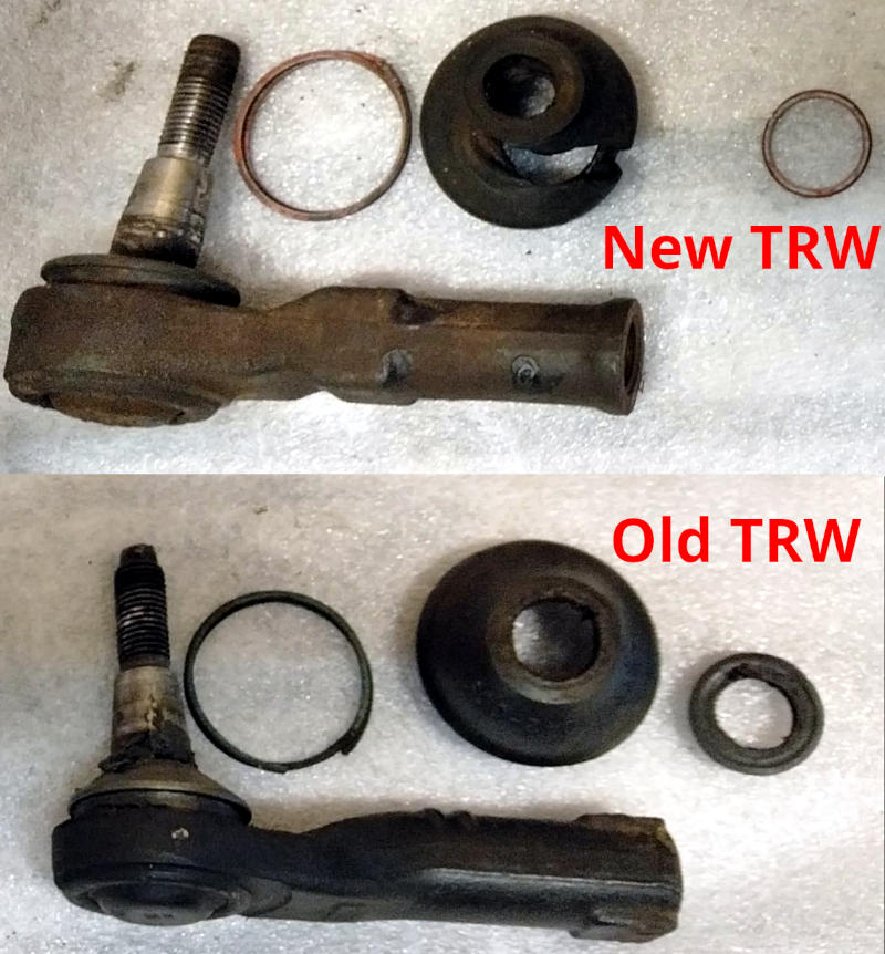 2025-05 Left outer tie-rod: Original part from TRW lasted 18 years, had thick rubber, rust protection, and a ball-joint that takes all the available space. Aftermarket part from TRW lasted only 5 years and looks poorly built